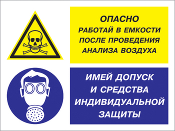 Кз 90 опасно - работай в емкости после проведения анализа воздуха. имей допуск и средства индивидуальной защиты. (пленка, 600х400 мм) - Знаки безопасности - Комбинированные знаки безопасности - . Магазин Znakstend.ru