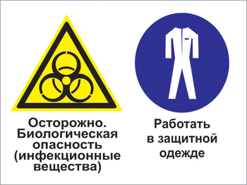 Кз 72 осторожно - биологическая опасность (инфекционные вещества). работать в защитной одежде. (пленка, 400х300 мм) - Знаки безопасности - Комбинированные знаки безопасности - . Магазин Znakstend.ru